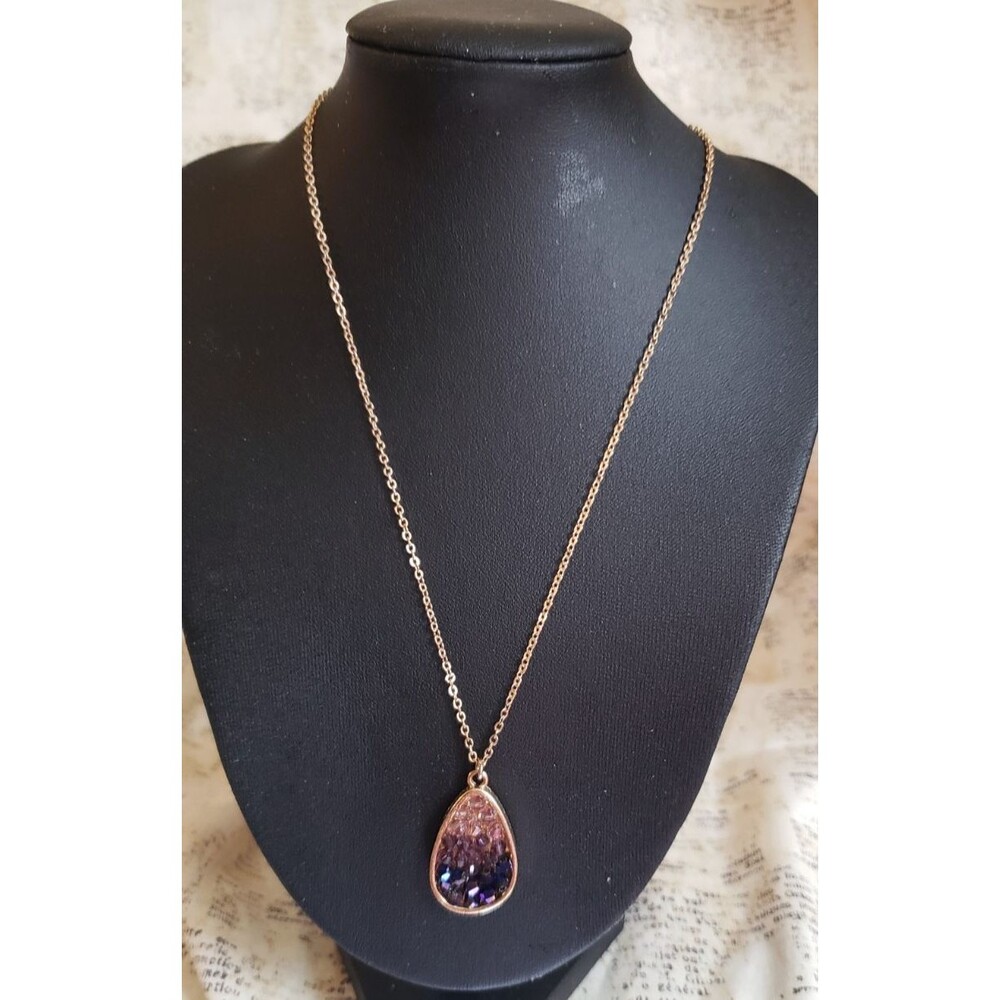 Ombre Purple Teardrop Shaped Gold Tone Necklace - Quirky, Whimsy, Boho, Colorful